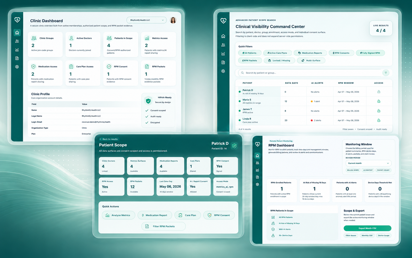 RhythmIQ.Health clinic dashboard showing patient scope, clinic metrics, RPM access, consent boundaries, and operational views