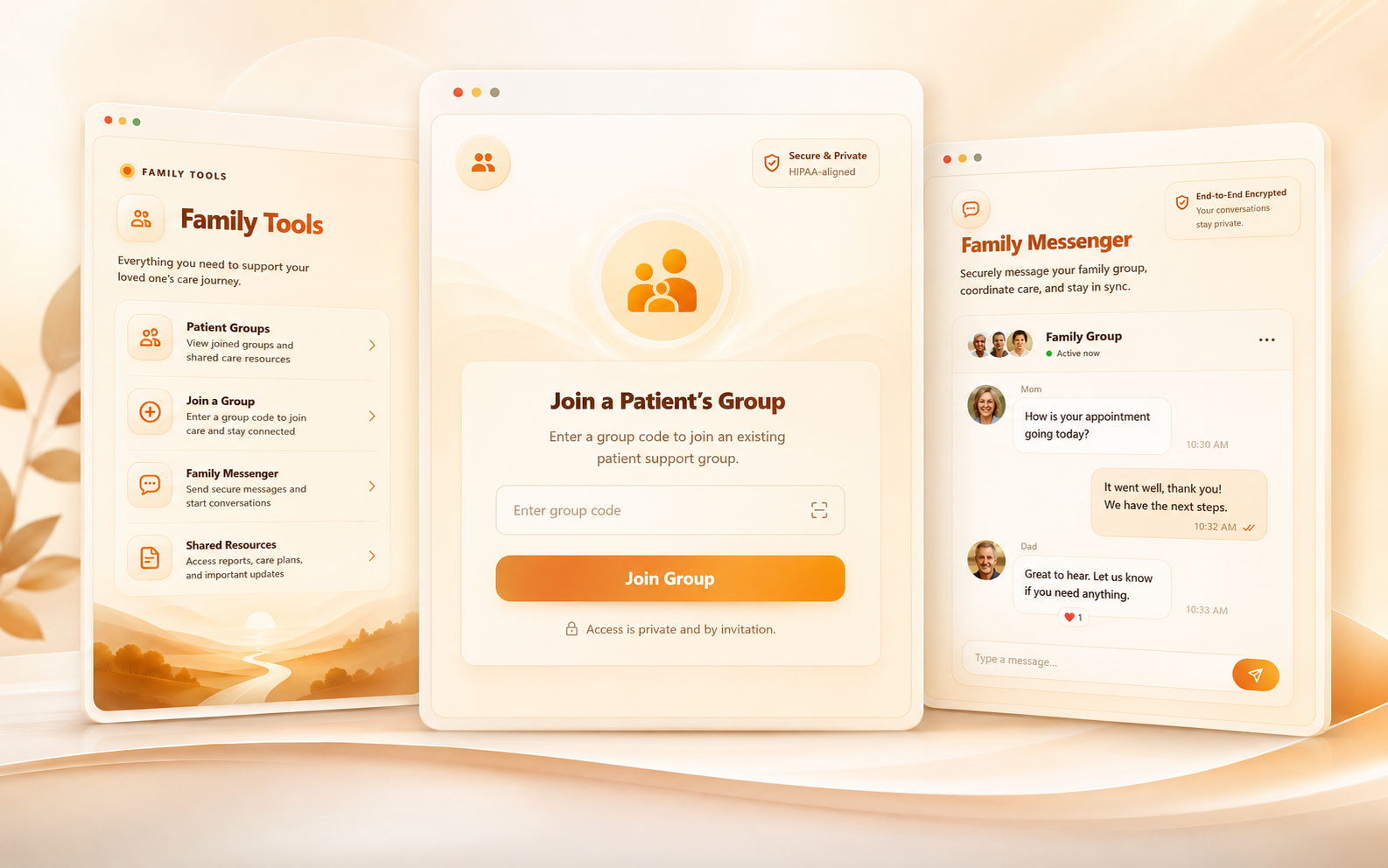 RhythmIQ.Health family account panels showing joined groups, messaging, shared medication reports, and care plan access