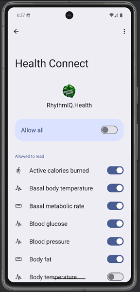Health data connection screen