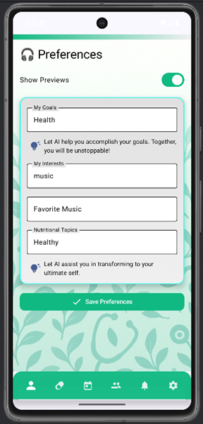 Preferences screen example